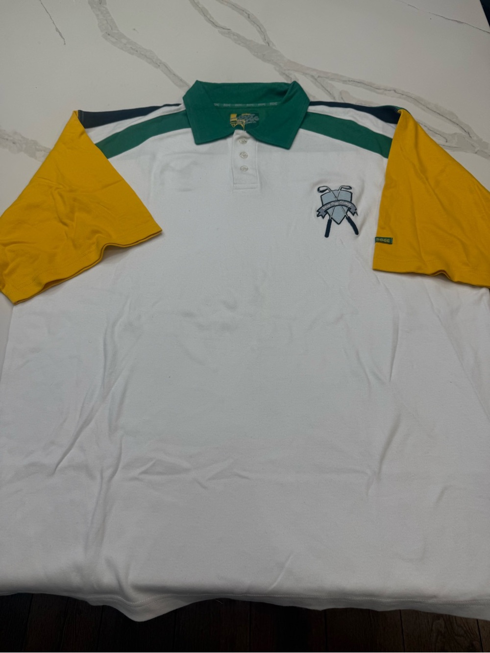 Snoop Dogg Men's White Polo Shirt with Green Collar and Yellow Sleeves